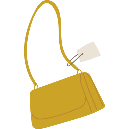 Ilustración de un bolso de color mostaza con correa larga y etiqueta blanca colgando del asa.